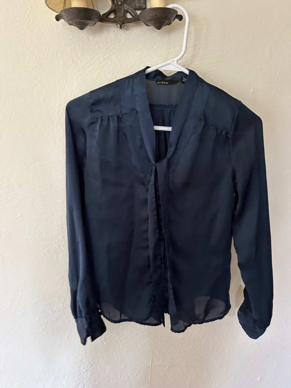 Navy Silk-like Long-Sleeve Blouse